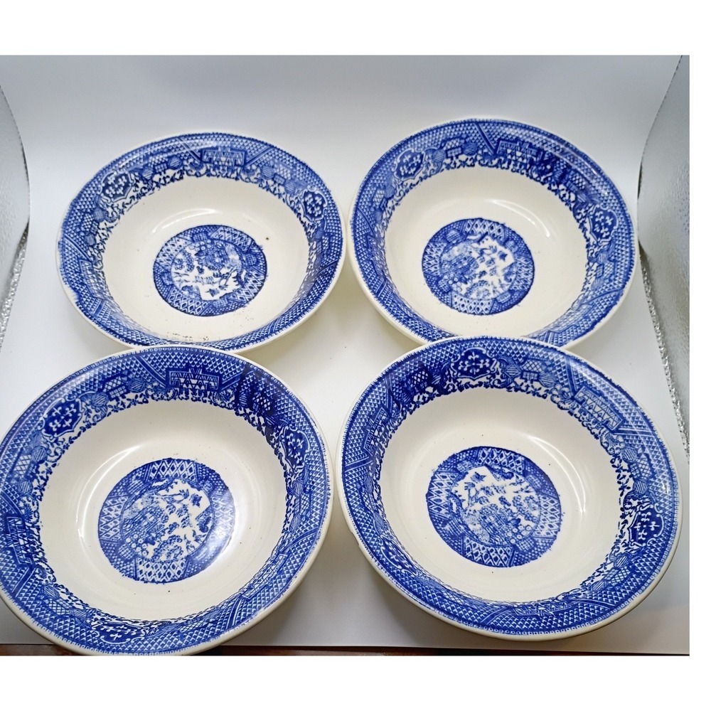 Vintage Blue Willow Soup Cereal Bowls Set of 4 Blue White Transferware 6.25 inch